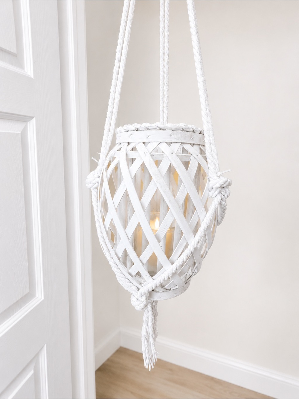 Vintage Boho White Bamboo Hanging Lantern Candle Holder | Coastal Cottage Decor - Picture 3 of 5